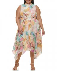 Vince Camuto Floral-Print Handkerchief-Hem Midi Dress (Plus Size) Off White ID-XIGI7909