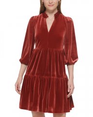 Vince Camuto Velvet Tiered Dress Persimmon ID-WEVL6554