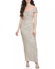 Vince Camuto Sequined Off-The-Shoulder Gown Silver Metallic ID-RAKM2826