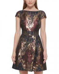 Vince Camuto Jacquard Bateau-Neck Fit-And-Flare Dress Wine ID-IWUU1923